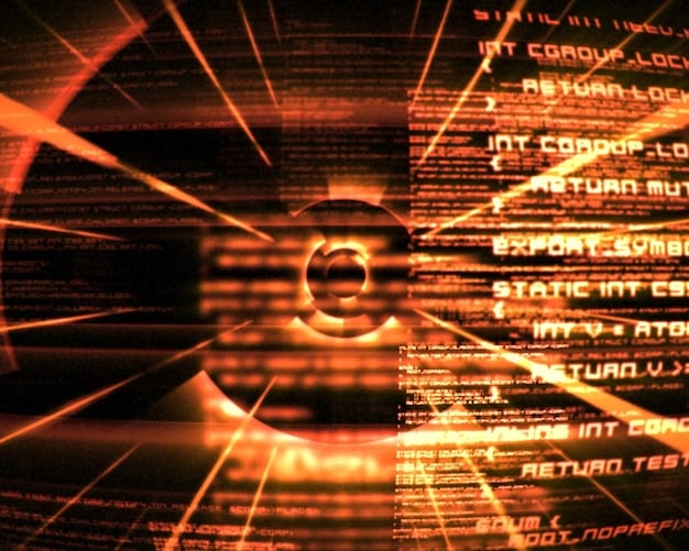 A digital representation of various cyber threats converging on a single point representing a vulnerable system. The threats are depicted as glowing lines and icons indicating ransomware, malware, and phishing.