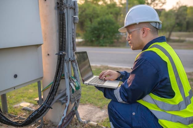 Technicians working on upgrading power grid infrastructure with advanced smart grid technology.