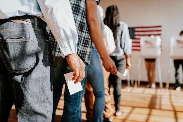 A diverse group of people standing in line to vote at a polling station, with banners and signs promoting voter registration and civic engagement. Focus on the determination and diversity of the voters.