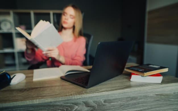 A close-up shot of a student thoughtfully writing an essay, with a laptop and books subtly blurred in the background, emphasizing the importance of essays in test-optional admissions.