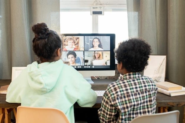 A diverse group of students participating in a virtual classroom through an online learning platform. The interface shows video feeds of each student, along with a presentation on a shared screen.