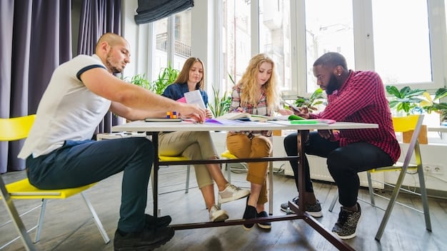 Team members sitting around a table, engaged in a creative brainstorming session. The table is covered in sketches, notes, and coffee cups, illustrating collaboration and idea generation in a dynamic workplace.