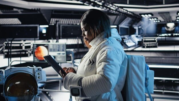 A student working in a high-tech lab at a private university, using advanced equipment.