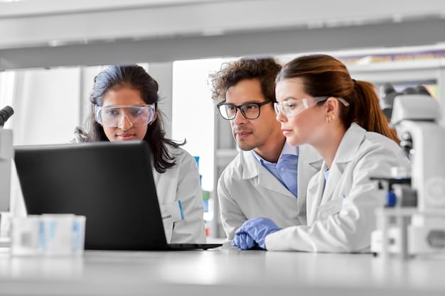 A college student working as an intern in a research lab, wearing a lab coat and goggles, and analyzing data on a computer. The lab is filled with scientific equipment and other students.