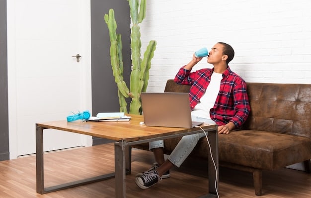 A student practicing deep breathing exercises in a quiet, comfortable room, preparing for the upcoming college interview.