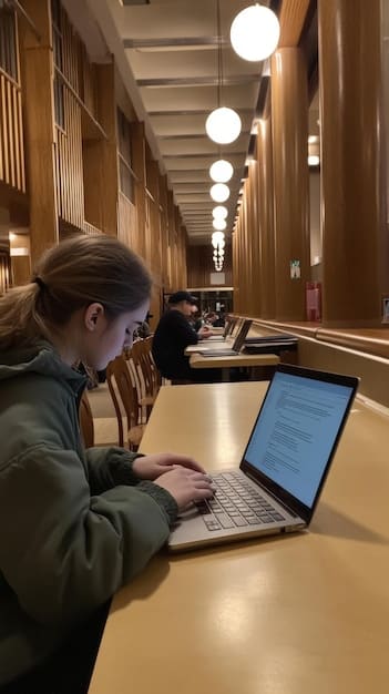 A close-up of a student using a laptop in a modern university library, surrounded by books and study materials, highlighting the immersive learning environment and resources available in a master's program.
