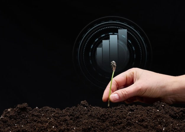 Hands holding soil with a small plant growing, symbolizing growth and resilience, contrasted with economic data charts in the background showing potential decline