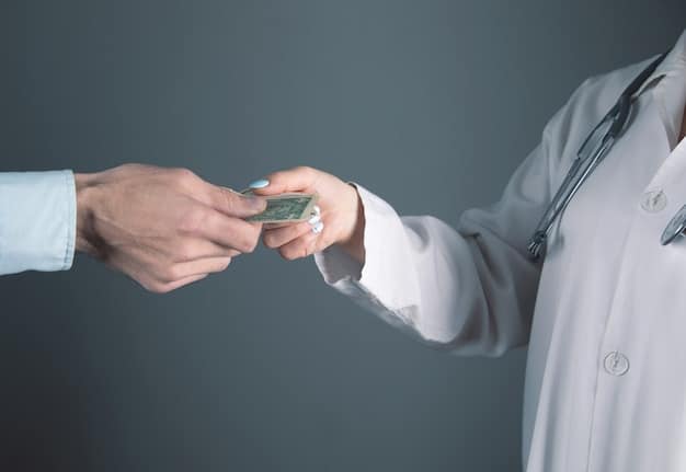 A visual representation of a co-pay, such as coins being exchanged between a patient and a doctor with an insurance card nearby.