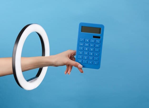 A close-up image of a calculator displaying a 20% reduction, with a hand poised to press the equals button. The background is a stack of textbooks.