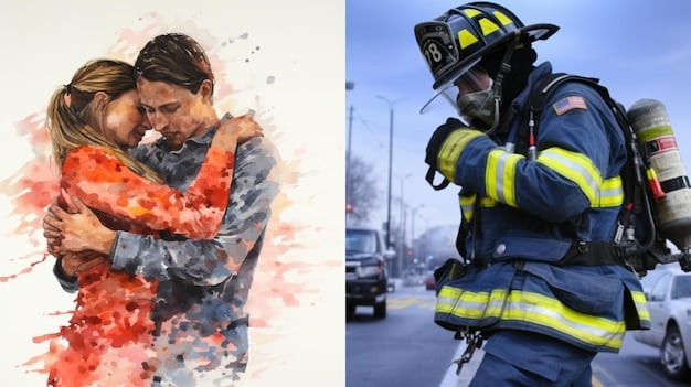 A split image showing a nurse in one panel and a firefighter in the other, with a subtle overlay of text mentioning