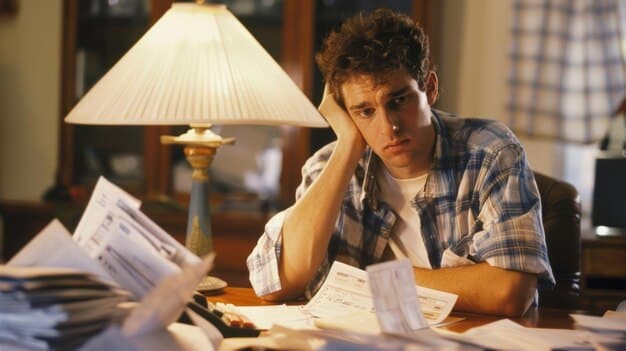 A person looking worriedly at a pile of debt statements, symbolizing the long-term stress and financial burden of student loan default.