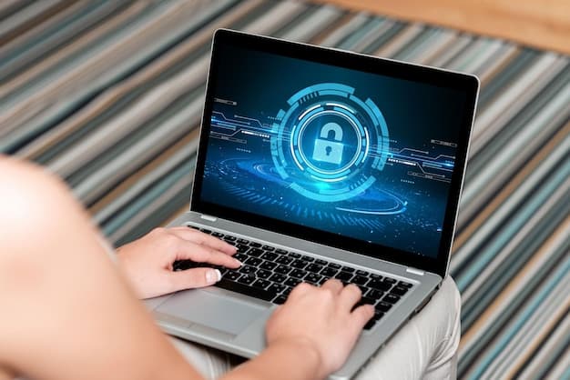 A person using a laptop with a secure lock symbol on the screen, representing online security and data protection. The hands are typing, conveying active monitoring and securing personal information.