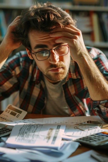 An image of a person looking stressed while holding a stack of bills, with an emphasis on student loan statements and a declining credit score graph in the background.