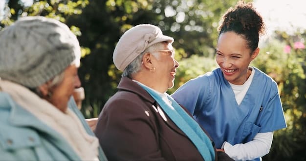 A nurse interacting with a patient in a rural clinic setting. The nurse is smiling and holding the patient's hand, showing compassion and care.