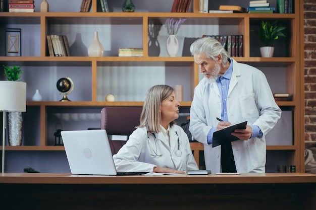 A doctor is reviewing documents with a financial advisor in a bright, modern office. They are both pointing at a document labeled