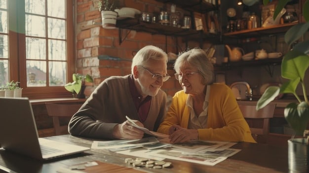 A financial planner advising a couple on their retirement options, including how to maximize their Social Security spousal benefits. The scene portrays professionalism, trust, and the importance of financial advice.