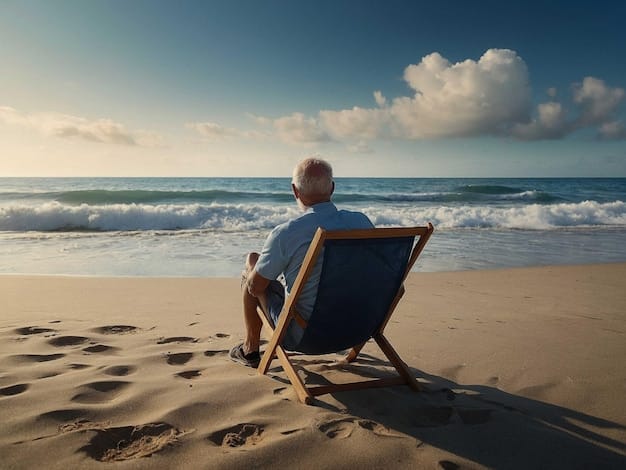 An image depicting a person relaxing on a beach, looking out at the ocean, symbolizing retirement and financial security.