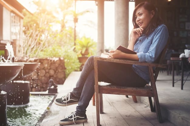 A person sitting on a rocking chair on a porch, looking relaxed and content, but with a slight expression of concern, suggesting they are contemplating their financial decisions.