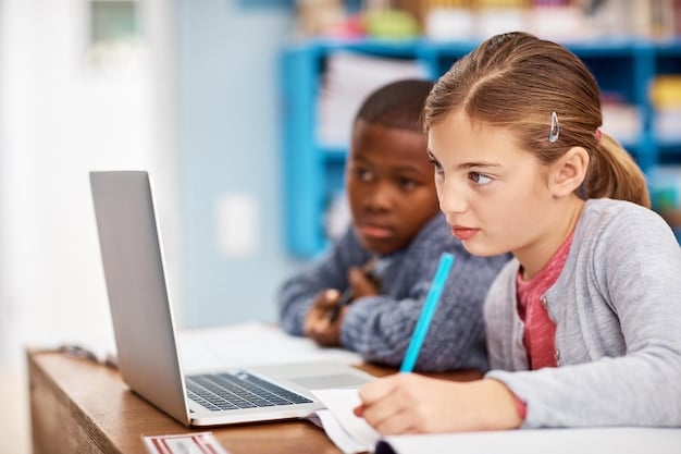 A close-up shot of a student taking a standardized test on a computer. The student's hands are visible on the keyboard, and their face shows concentration. The screen displays a multiple-choice question.