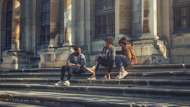 A university campus with diverse students walking between classes on a sunny day. The architecture is collegiate gothic, and the atmosphere is vibrant.