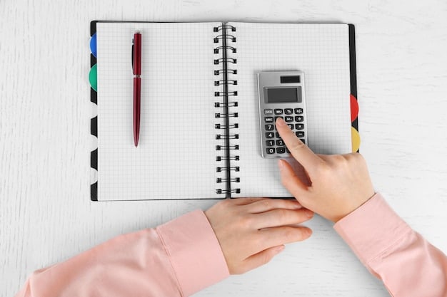 A close-up shot of a student's hands holding a calculator and balancing a checkbook with college textbooks in the background, illustrating the financial strain of student loans. The lighting is subdued, highlighting the seriousness of student debt.