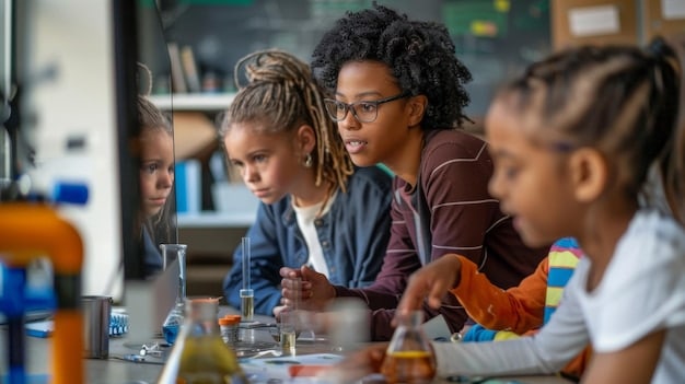 A group of diverse students working together on a science project in a classroom. The students are engaged and enthusiastic, highlighting the positive impact of dedicated teachers.