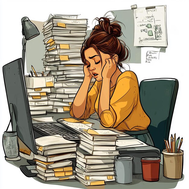 A student sitting at a desk, looking stressed while surrounded by textbooks and bills. Overlayed on the image are icons representing financial aid, scholarships, and money management. The overall feeling is one of overwhelming financial pressure.