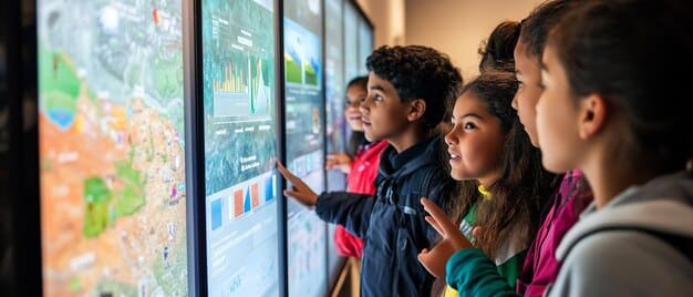 A diverse group of middle school students collaborating on a project using a large interactive whiteboard, with educational apps displayed on the screen. Enthusiastic and engaged expressions.