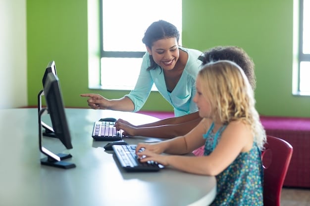 An image showing a teacher guiding a student through a coding exercise on a computer. The environment is a well-equipped classroom, emphasizing the importance of digital skills in education.