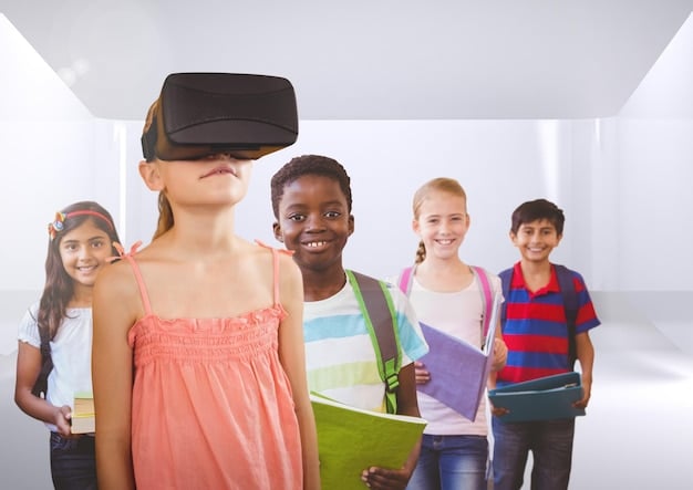 A diverse group of students participating in a virtual reality simulation in a classroom. The students are wearing VR headsets and interacting with the virtual environment, showcasing the use of technology in modern education.