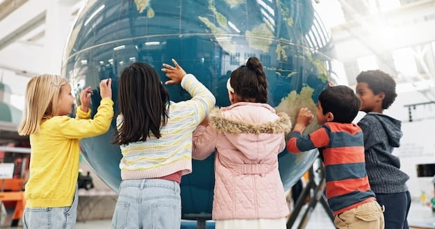 A group of homeschooled children on a field trip to a local museum, interacting with exhibits and learning through hands-on experiences. The image emphasizes the community aspect of homeschooling and the integration of real-world learning.