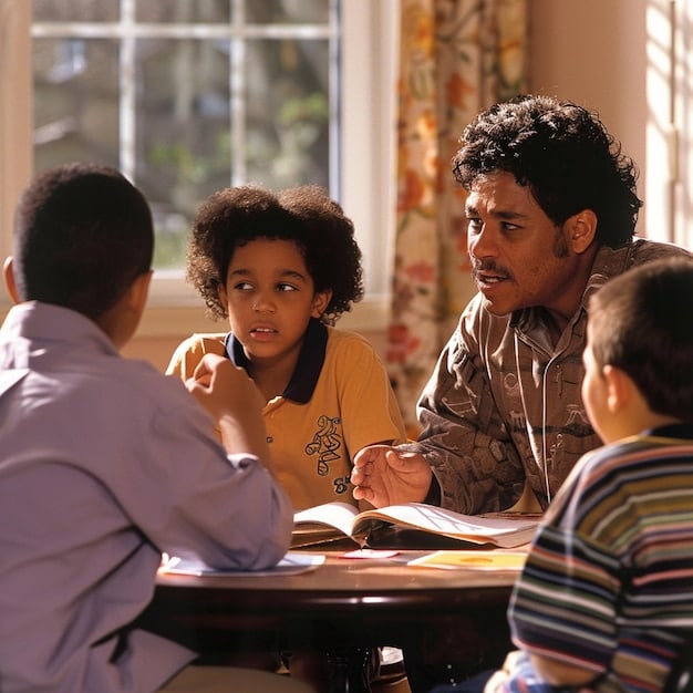 Students participating in a discussion about different cultural traditions, with the teacher guiding the conversation and encouraging respect and understanding among the students.