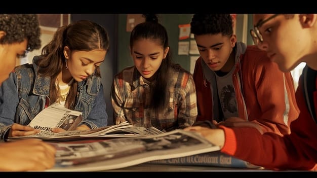 A high school history class studying primary source documents from different cultures. Students are actively discussing their interpretations, facilitated by the teacher. The classroom is decorated with flags and cultural artifacts from around the world.