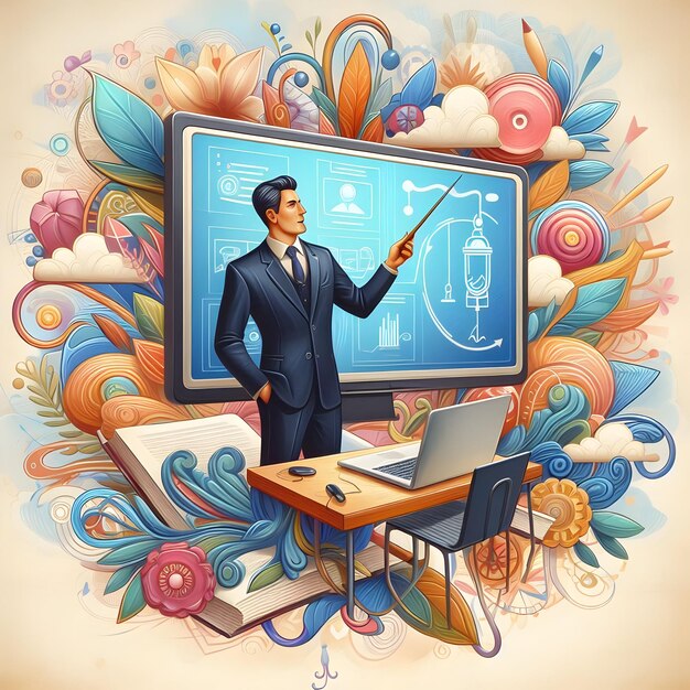 A digital artwork representing online professional development modules for teachers. The artwork includes icons symbolizing various topics such as technology integration, special education, and classroom management.