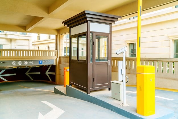 An exterior shot of a school entrance featuring a security system with keycard access. A sign indicates that all visitors must check in at the front office. The scene conveys a sense of controlled access and enhanced security.