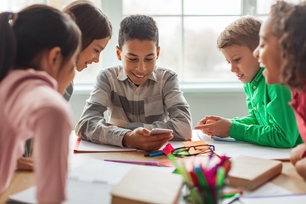 A teacher working with a small group of students at a table, providing individualized instruction and support. The students are engaged and focused on the task at hand.