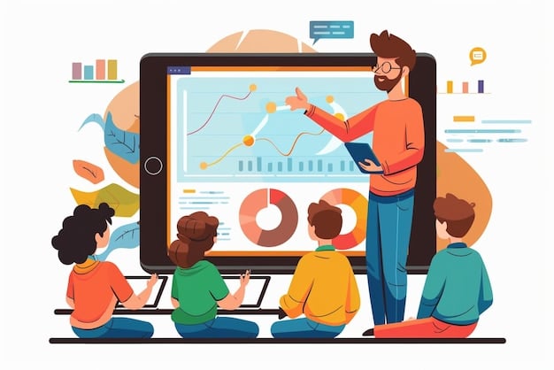 A teacher reviewing data analytics on a tablet, with charts and graphs displaying student performance metrics. The teacher is using this data to plan and adjust their instructional strategies.