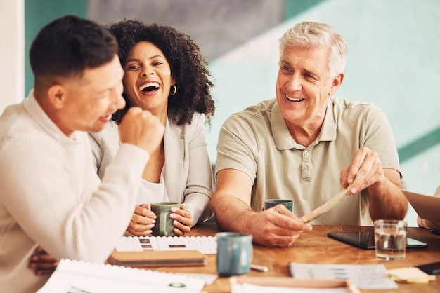 A family sitting together, discussing their financial goals and budget. They are smiling and appear motivated and optimistic about their financial future.