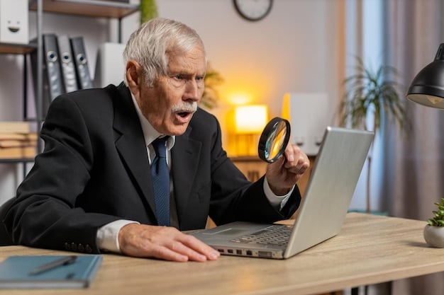 A person reviewing a credit report on a laptop, with a magnifying glass focusing on the credit score section in a well-lit, professional office setting.