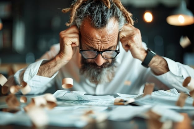 A close-up shot of a stressed person holding their head, with bills scattered on a table. The image highlights the emotional impact of unexpected financial emergencies.