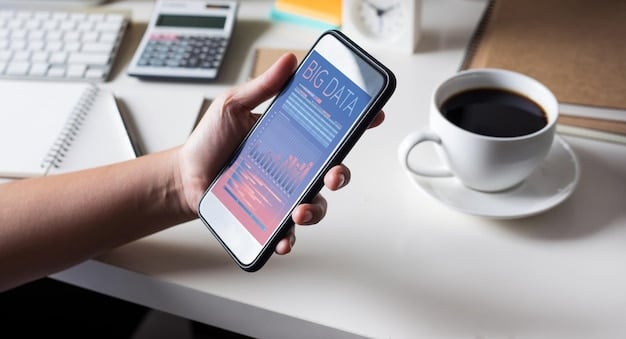 A person using a mobile banking app on their smartphone, with a focus on budgeting and expense tracking features. The app displays colorful charts and graphs showcasing income and expenses.