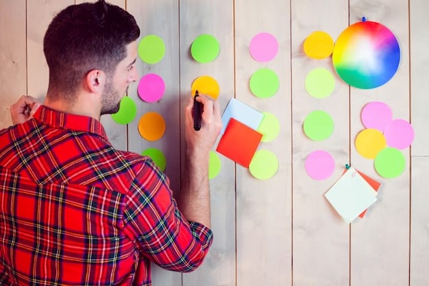 A person with a notebook brainstorming ideas, surrounded by sticky notes with different skills and interests written on them.