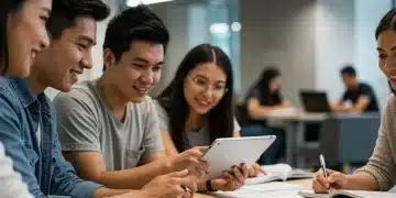 Students reviewing financial aid documents and discussing student loan forgiveness updates