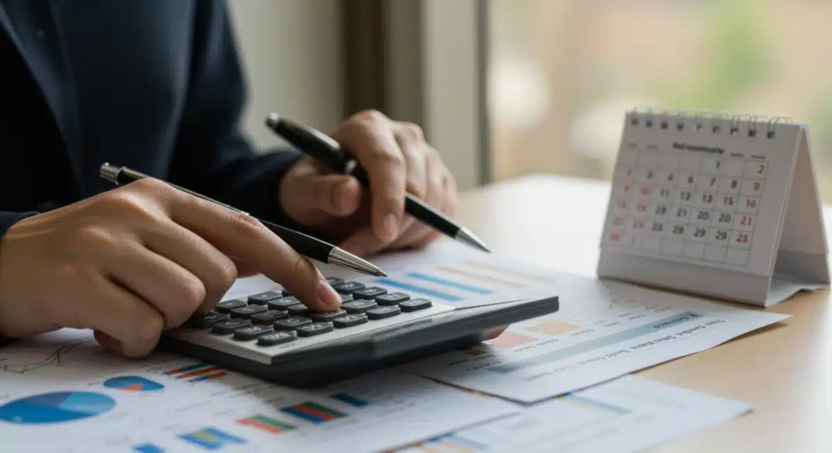Hands calculating 401(k) contributions with a calculator and financial documents