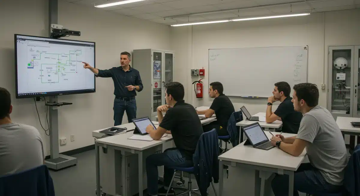 Vocational students learning about renewable energy technologies in a classroom setting.