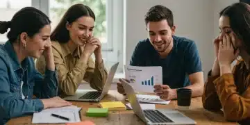 Relieved students reviewing SAVE Plan documents on laptops, showing reduced loan payments