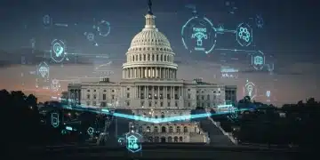 Futuristic school with data overlays and US Capitol, symbolizing 2026 federal education budget impact on K-12 funding.