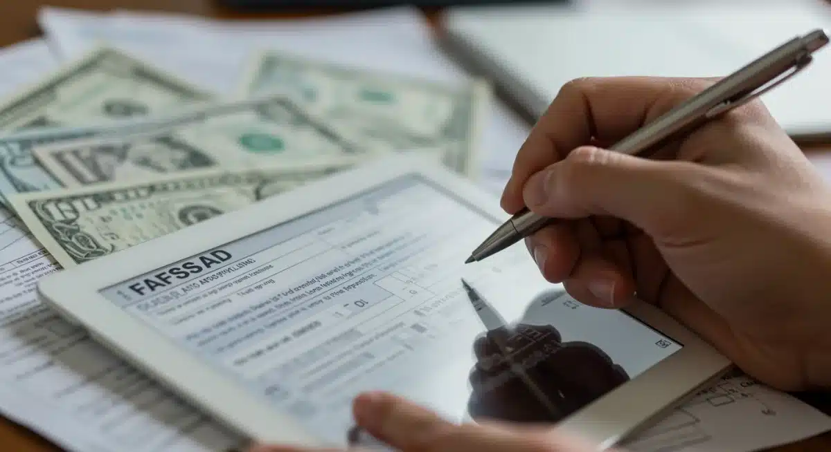 Hand filling out a digital FAFSA form on a tablet, surrounded by financial documents.