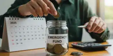 Person saving money in an emergency fund jar for 2025 financial security.