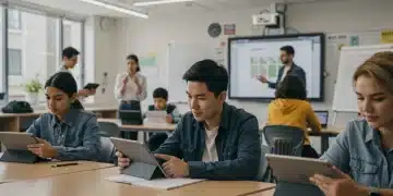 Students and teachers collaborating in a modern classroom, representing the impact of ESSA 2026 amendments on education.